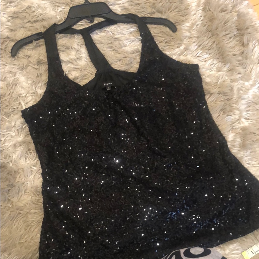 Express Black Sequin Tank Top with Scoop Neck
